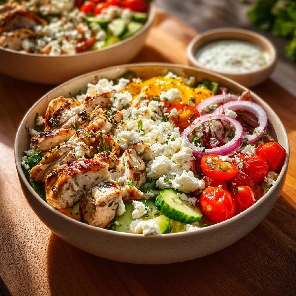 Delicious Greek Chicken Bowl with fresh ingredients and Mediterranean flavors.