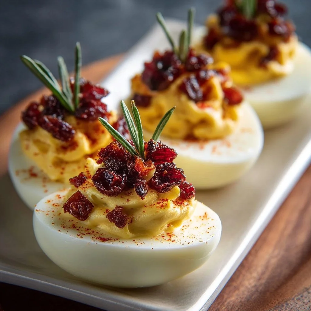 Harvest Cranberry Deviled Eggs garnished with fresh cranberries and herbs