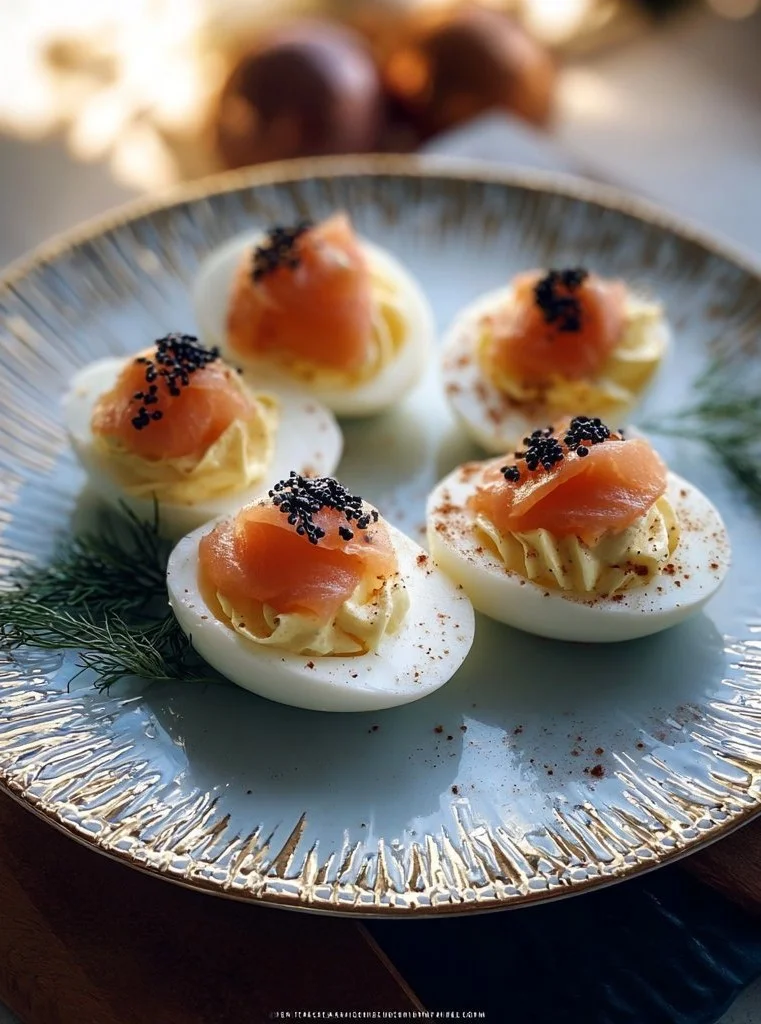 Plate of gourmet devilled eggs garnished with herbs and spices