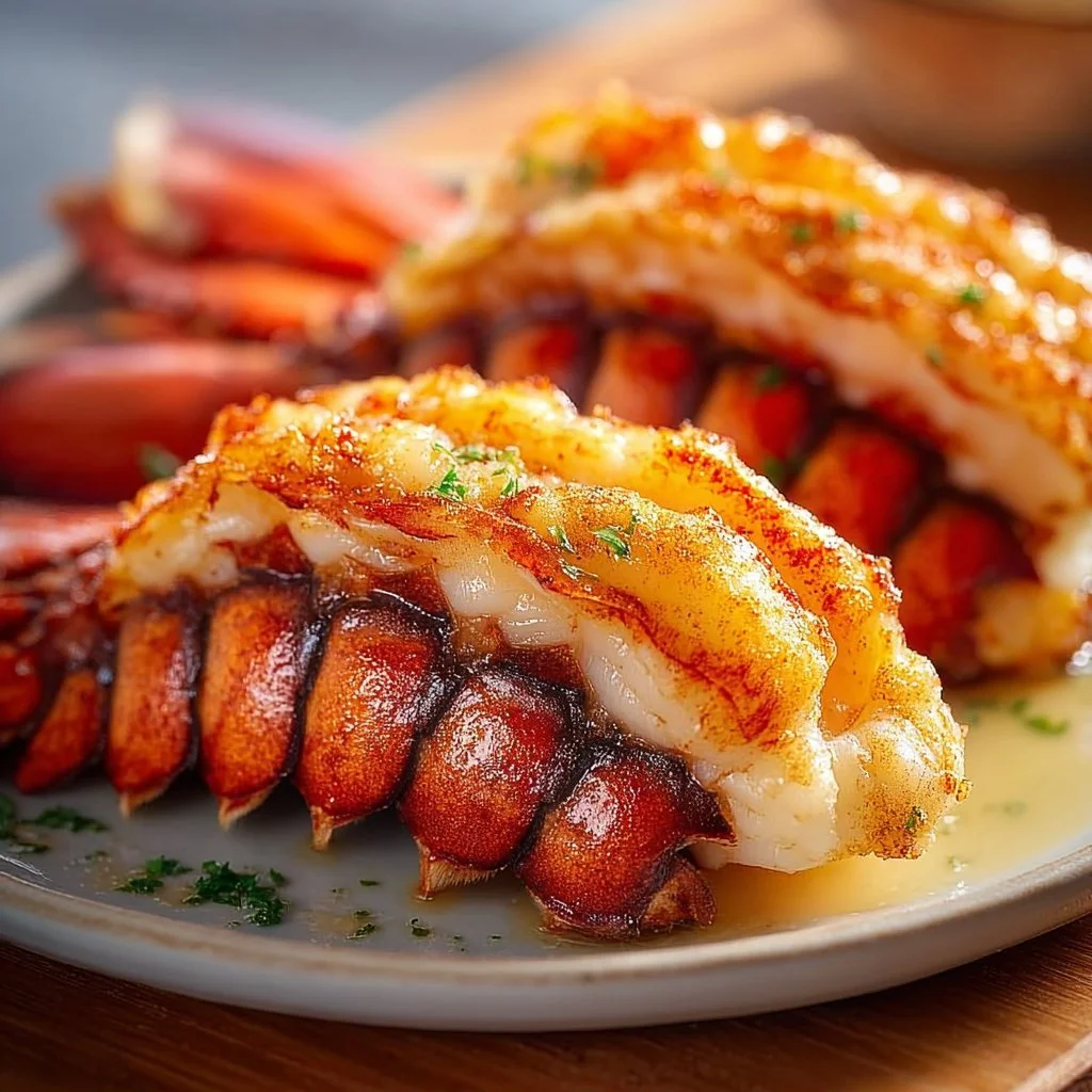 Homemade air fryer lobster tails served with lemon and herbs