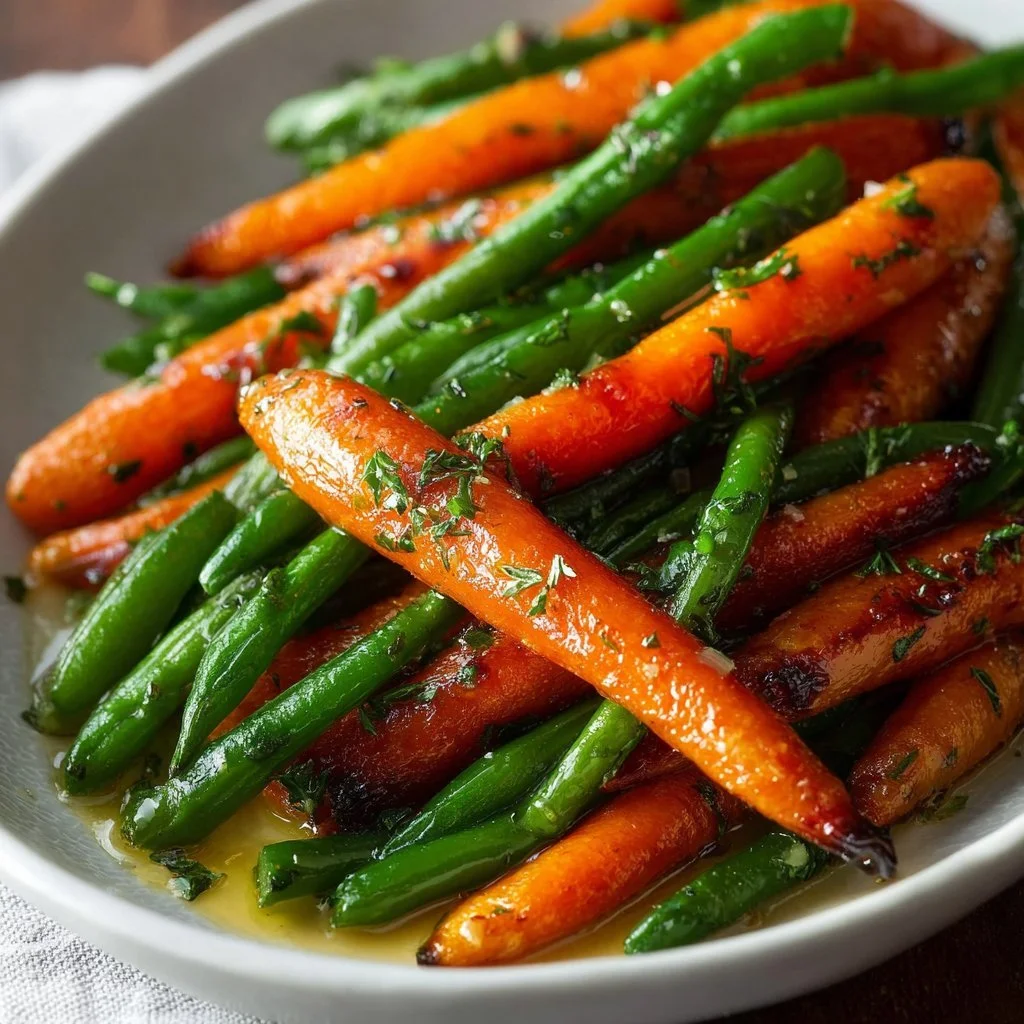 Delicious honey glazed carrots with green beans served as a colorful side dish.