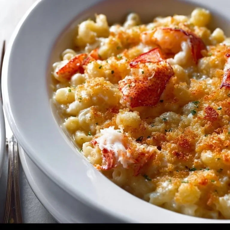 Bowl of Ina Garten's Lobster Mac and Cheese with melted cheese and lobster