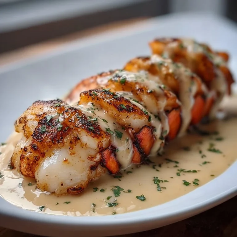 Delicious butter-seared lobster tails served with garlic cream sauce