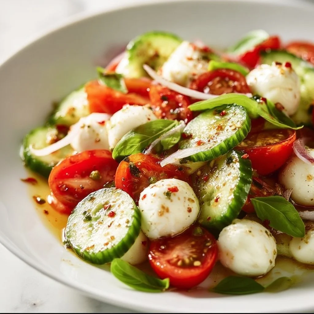Juicy Cucumber Caprese Salad with fresh mozzarella and basil