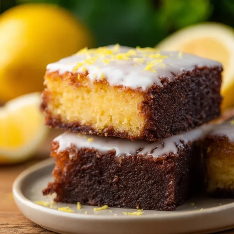 Delicious lemon brownies garnished with powdered sugar on a white plate.