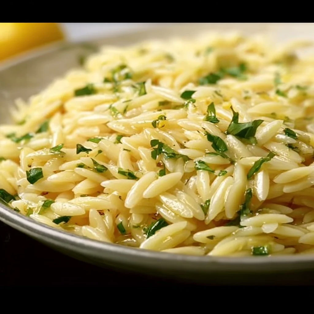 Bowl of lemon orzo pasta garnished with lemon slices and herbs