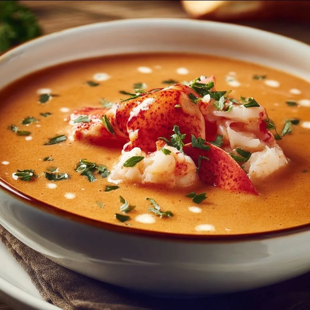 A bowl of rich lobster bisque garnished with herbs and served with crusty bread.