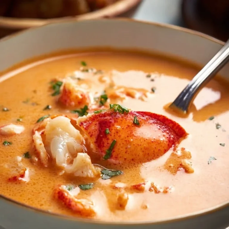 A bowl of creamy Lobster Bisque garnished with fresh herbs.