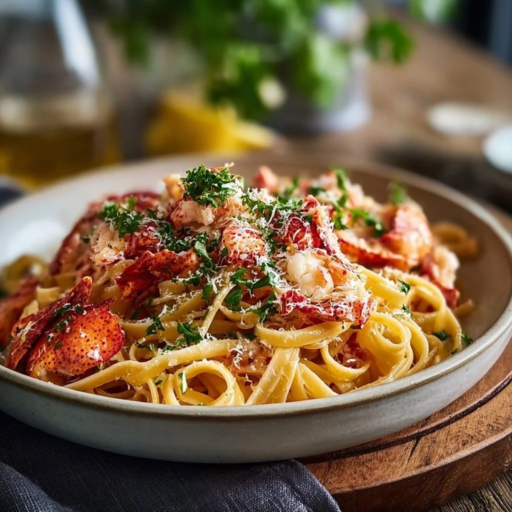 Delicious lobster linguine served with fresh herbs and garlic sauce