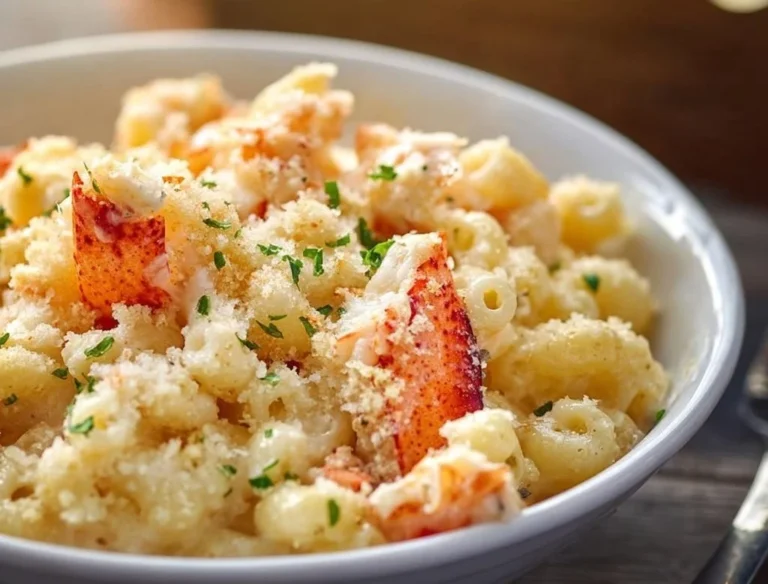 Delicious Lobster Mac and Cheese topped with crispy breadcrumbs and herbs