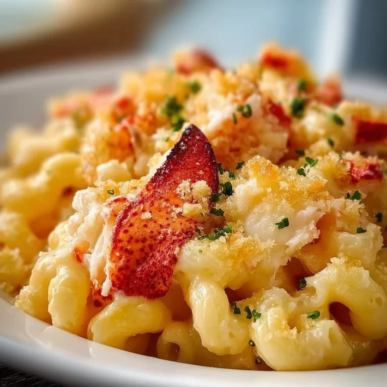 Delicious Lobster Mac and Cheese topped with breadcrumbs and lobster pieces.
