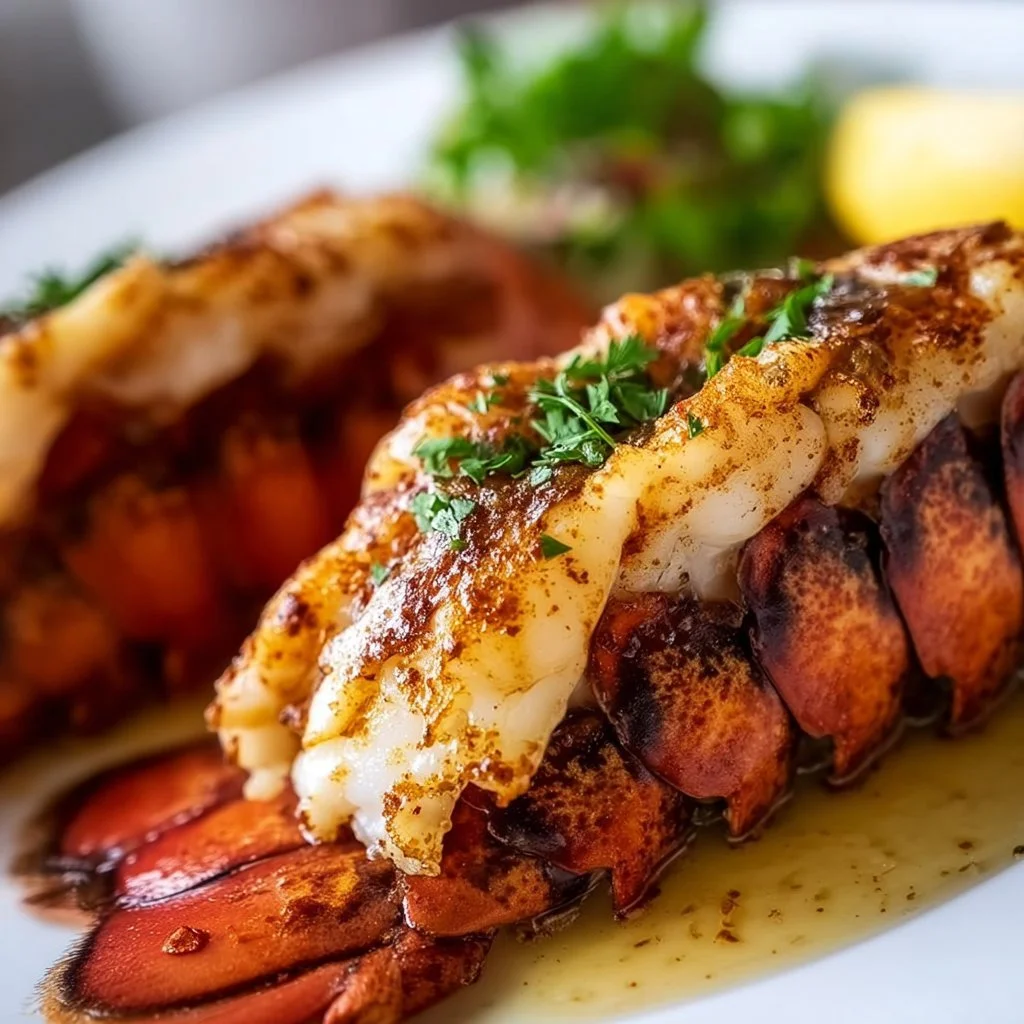 A beautifully cooked lobster tail served on a plate with garnish.