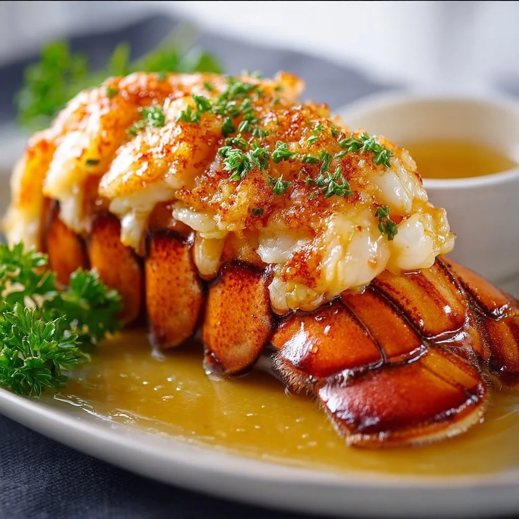 Deliciously cooked lobster tail served with lemon and herbs