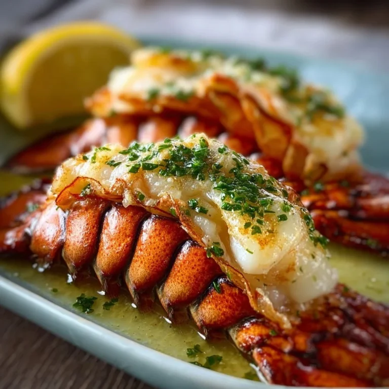 Lobster tail drizzled with garlic butter on a plate, ready to serve.