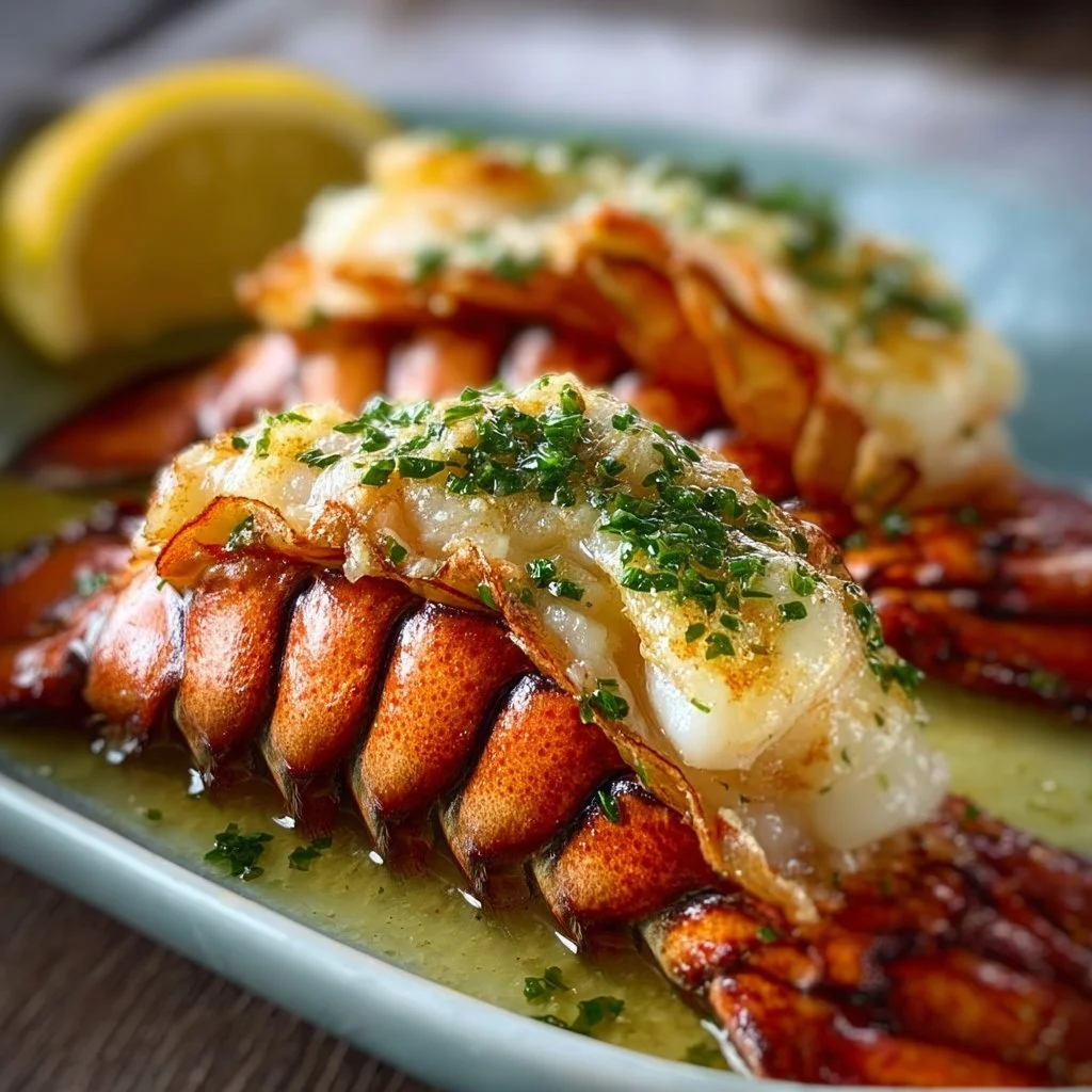 Lobster tail drizzled with garlic butter on a plate, ready to serve.