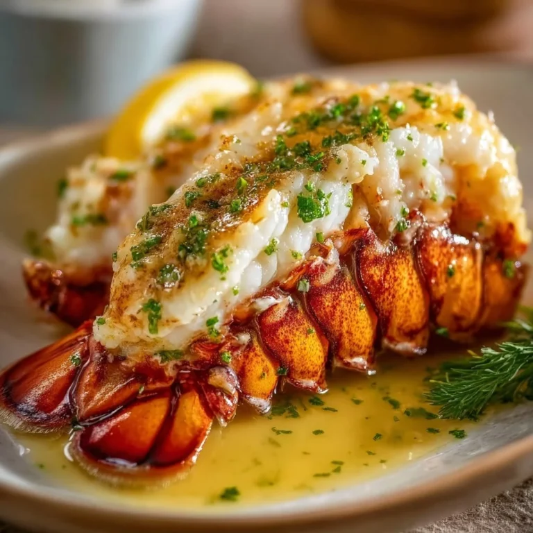 Delicious lobster tail drizzled with garlic butter on a plate