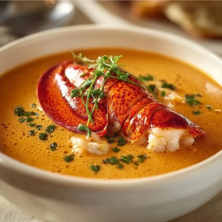 A bowl of luxurious lobster bisque garnished with fresh herbs and seafood.