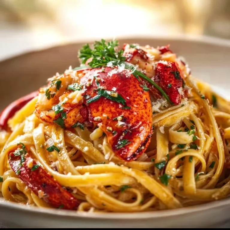Plate of luxurious lobster linguine garnished with herbs and seafood
