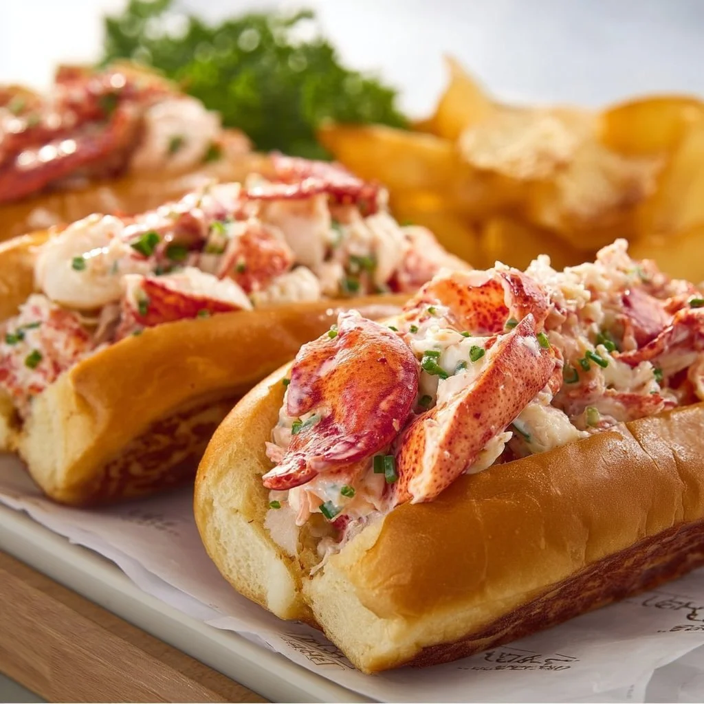 Delicious Maine-style lobster rolls with fresh lobster meat in a buttery bun