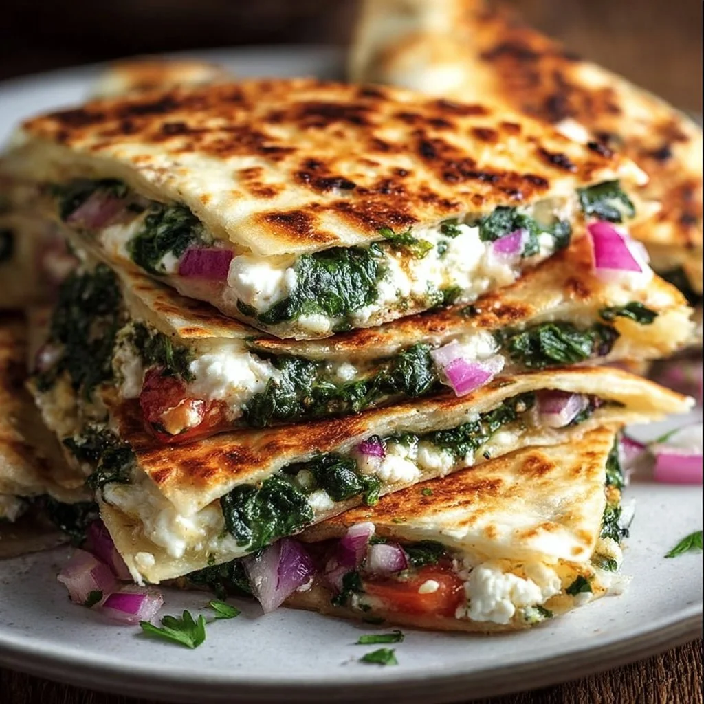Mediterranean Quesadillas with Spinach, Feta, Mozzarella, and Red Onion