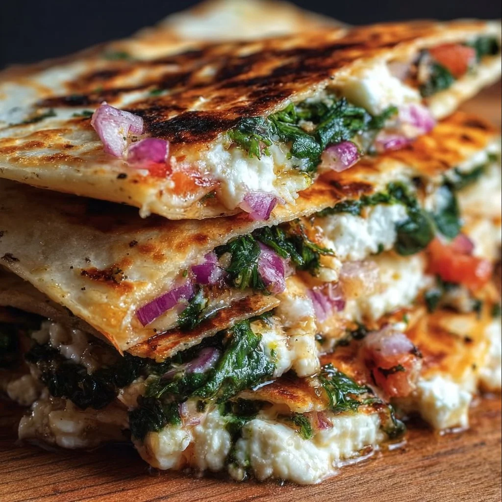 Mediterranean Quesadillas with Spinach, Feta, Mozzarella, and Red Onion
