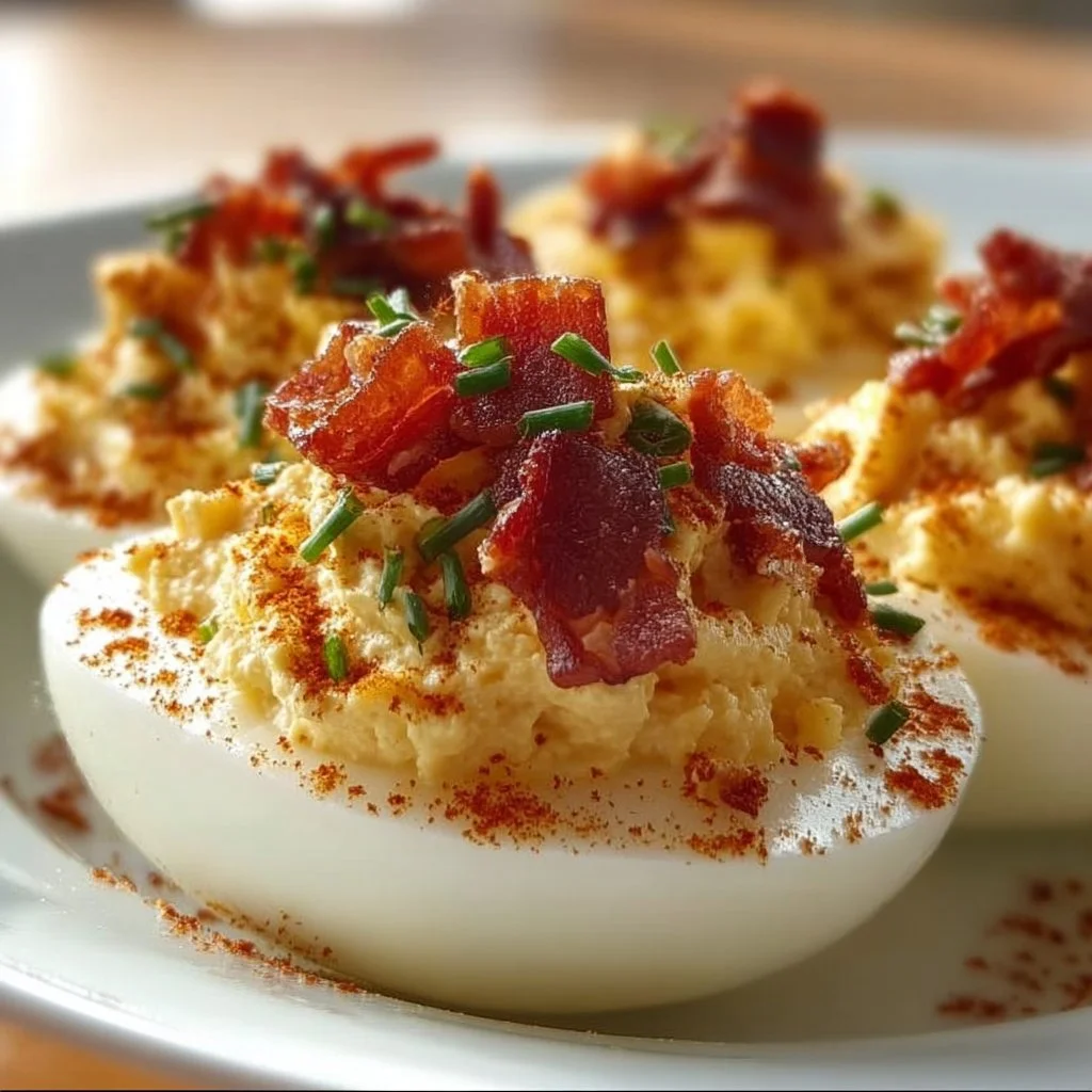 Million Dollar Bacon Deviled Eggs garnished with crispy bacon and herbs