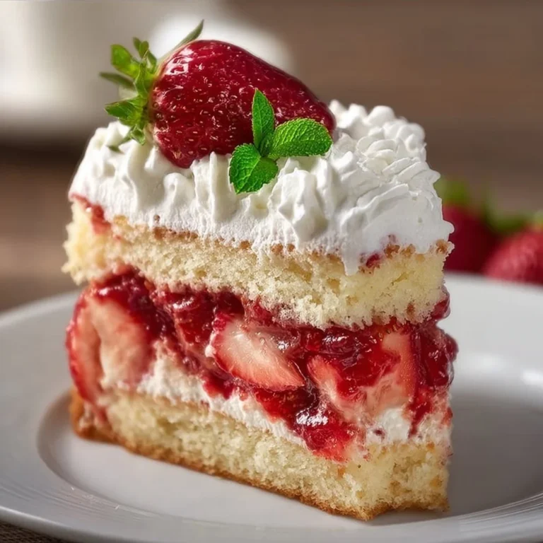 Moist strawberry shortcake cake topped with fresh strawberries and whipped cream