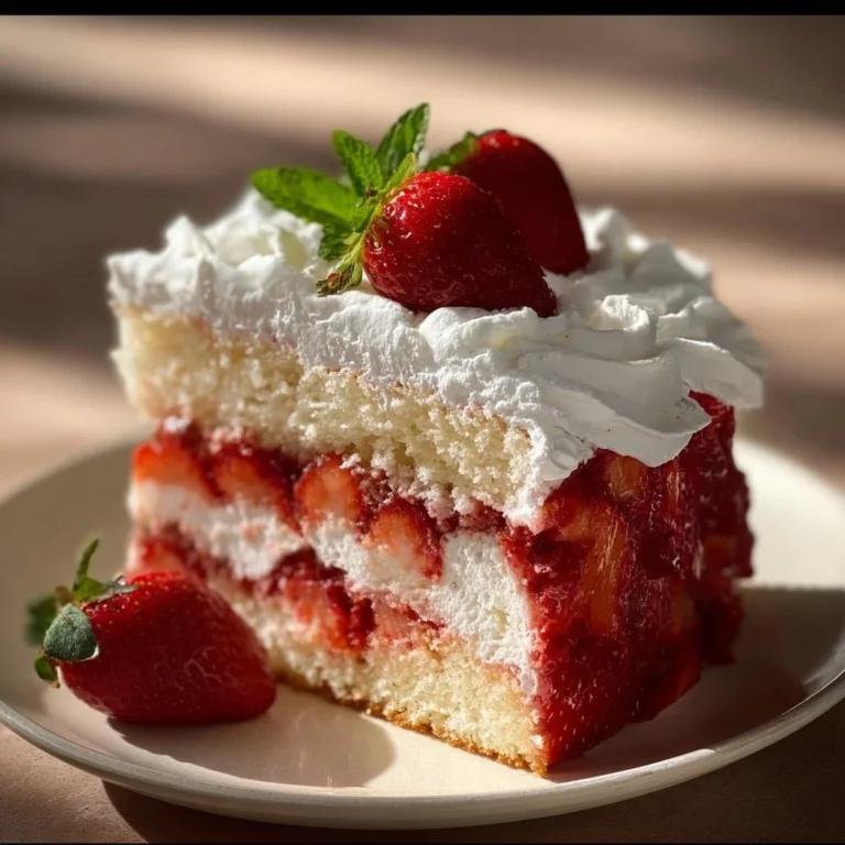 Moist strawberry shortcake cake with whipped cream frosting on a plate