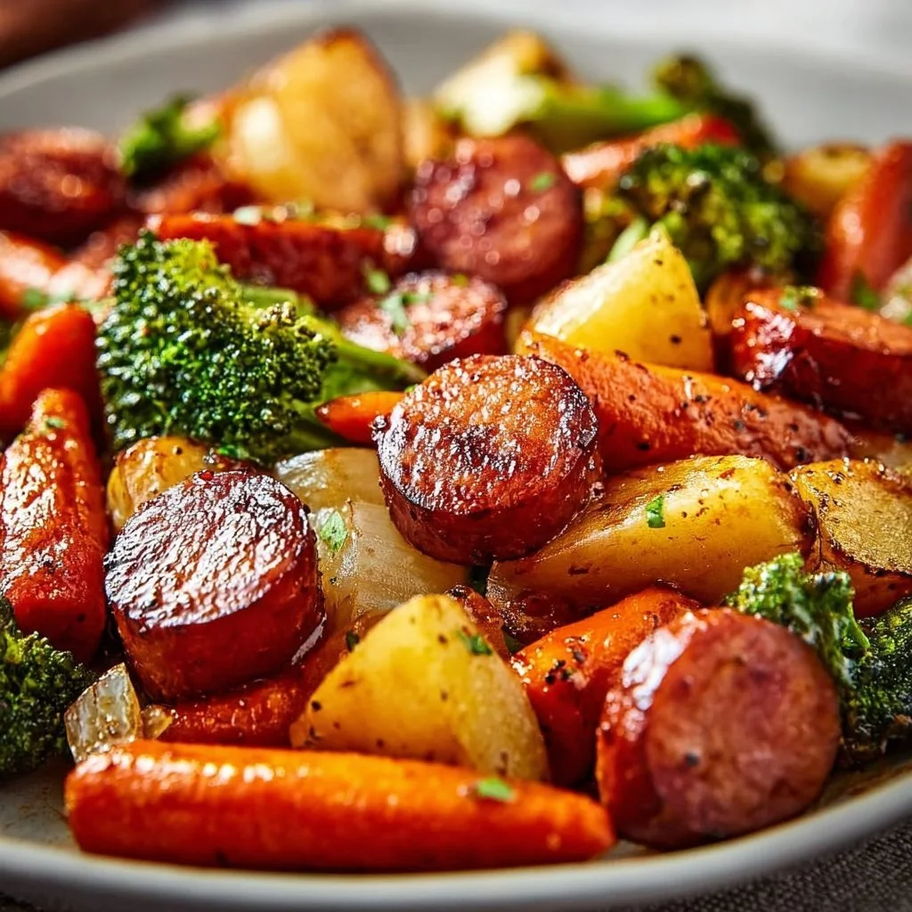 One-Pan Honey Garlic Kielbasa with colorful veggies ready to serve.