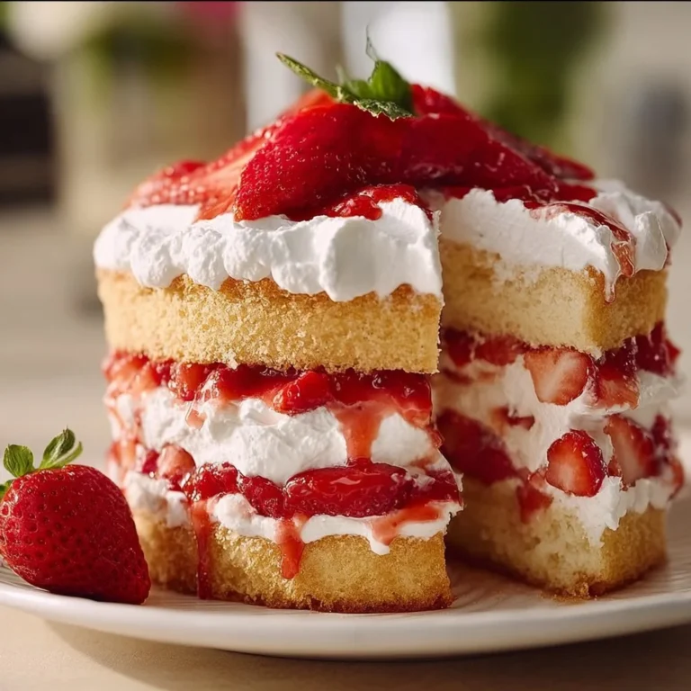 Delicious strawberry shortcake cake topped with fresh strawberries and whipped cream