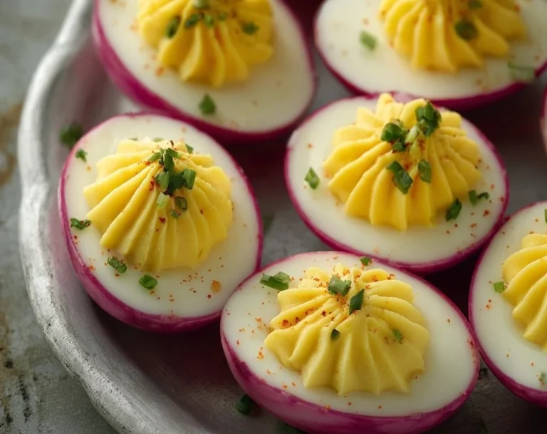 Deliciously creamy deviled eggs garnished with paprika and herbs