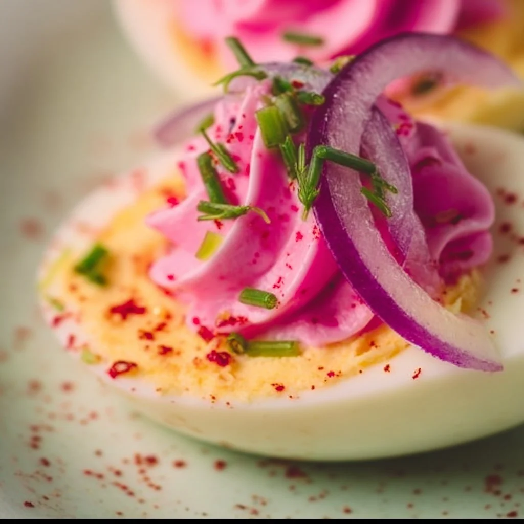 Perfectly pink deviled eggs garnished with herbs and spices.