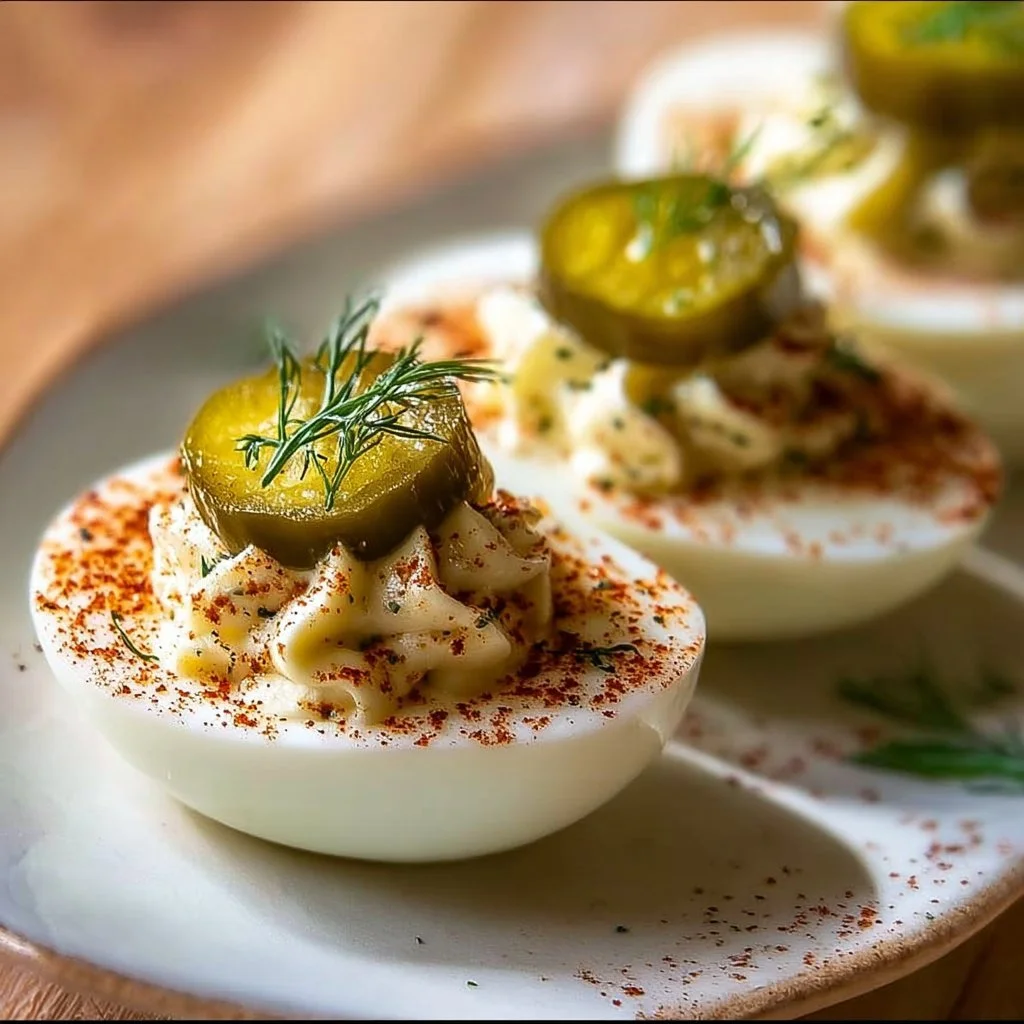 Delicious pickle lover deviled eggs garnished with pickles