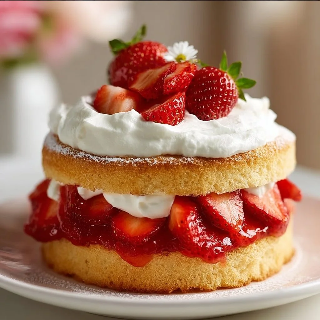 Delicious strawberry shortcake topped with fresh strawberries and whipped cream
