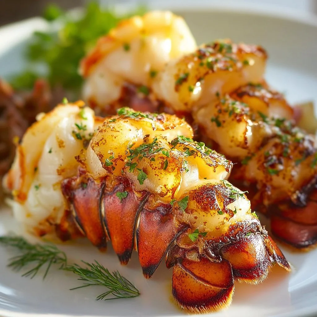 Simple broiled lobster tail served with butter and lemon.