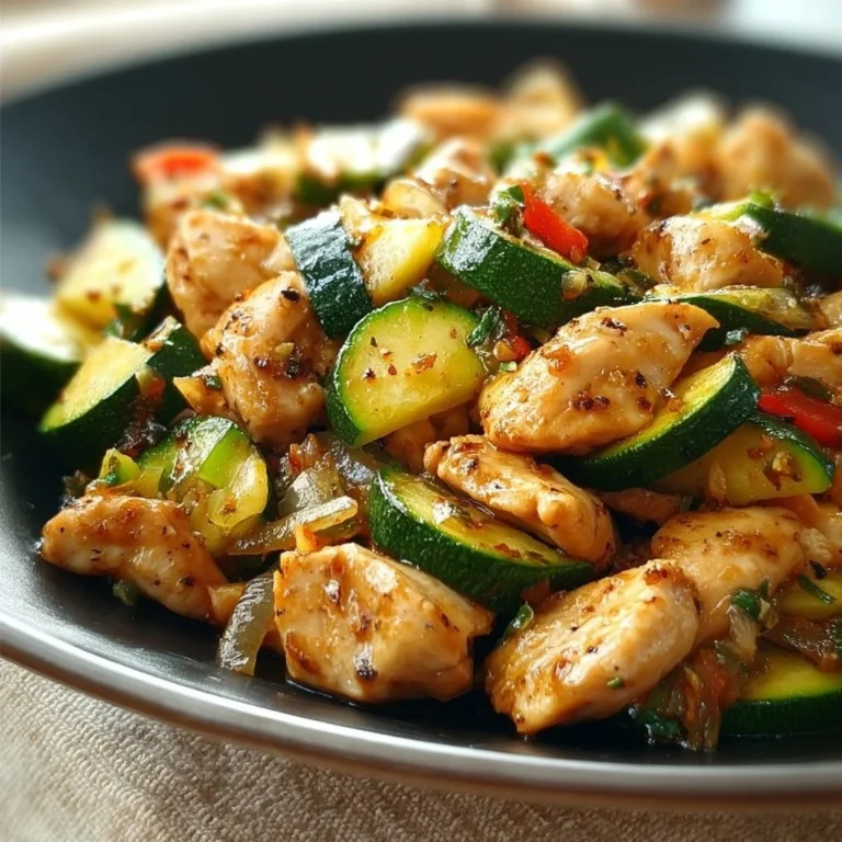 Simple chicken zucchini stir fry served in a bowl with vegetables.