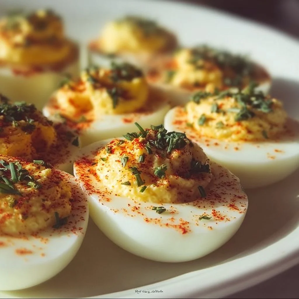 Southern-Style deviled eggs served on a platter, garnished with paprika
