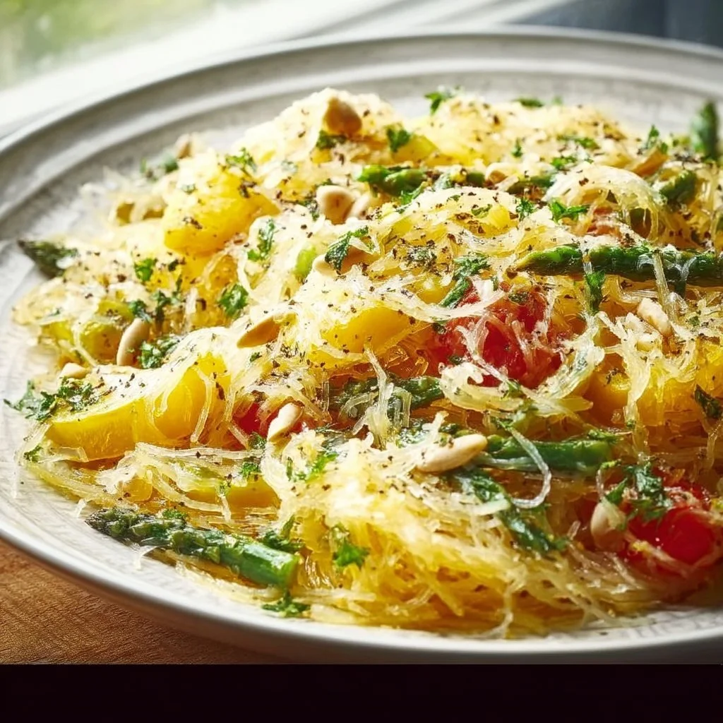 A colorful medley of spaghetti squash with fresh vegetables and herbs