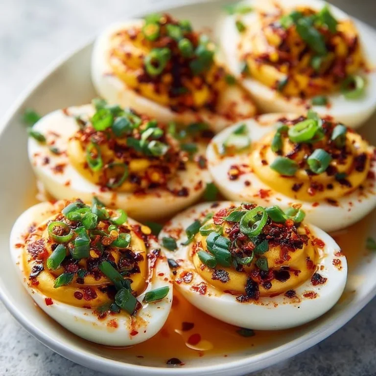 Spicy chili garlic deviled eggs served on a platter
