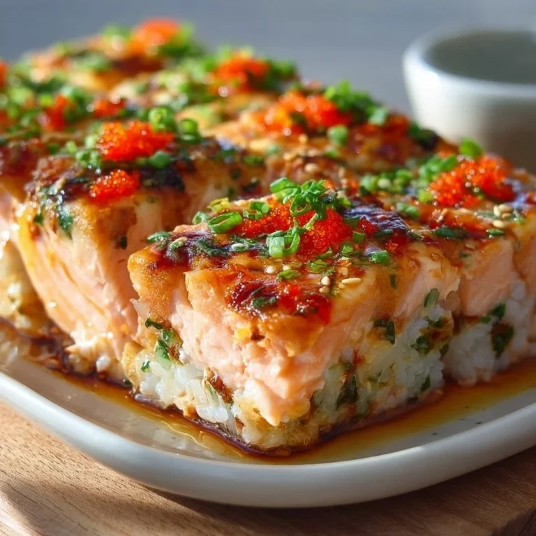 Delicious Spicy Salmon Sushi Bake with fresh ingredients and garnishes