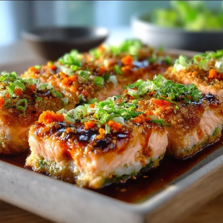 Spicy salmon sushi bake delicately garnished and served in a dish.