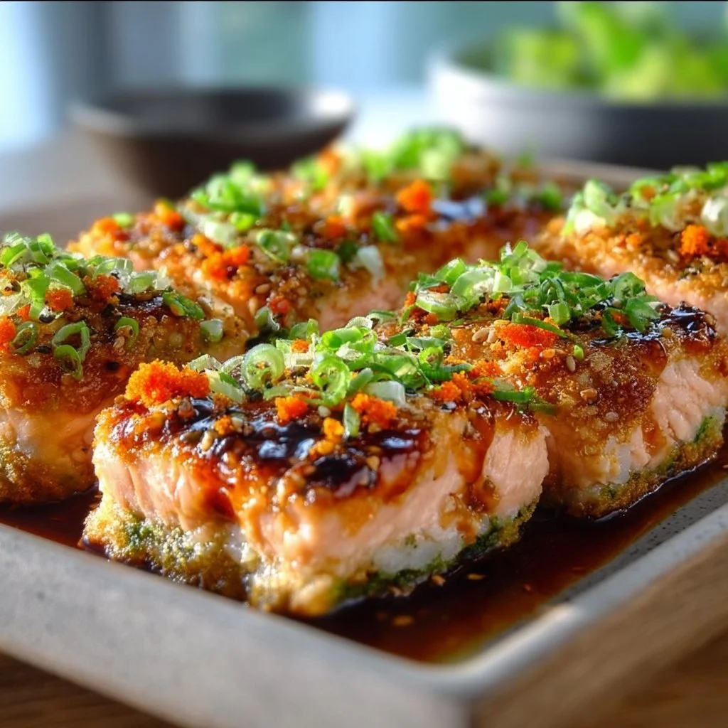 Spicy salmon sushi bake delicately garnished and served in a dish.