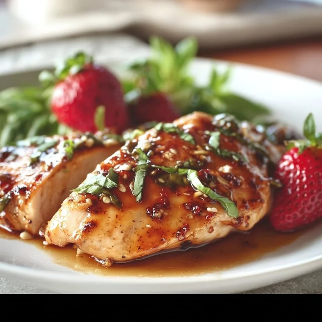 Plate of strawberry chicken garnished with fresh strawberries and herbs