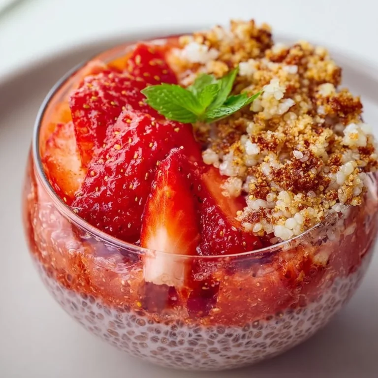 Strawberry crumble chia pudding served in a glass bowl, topped with fresh strawberries.