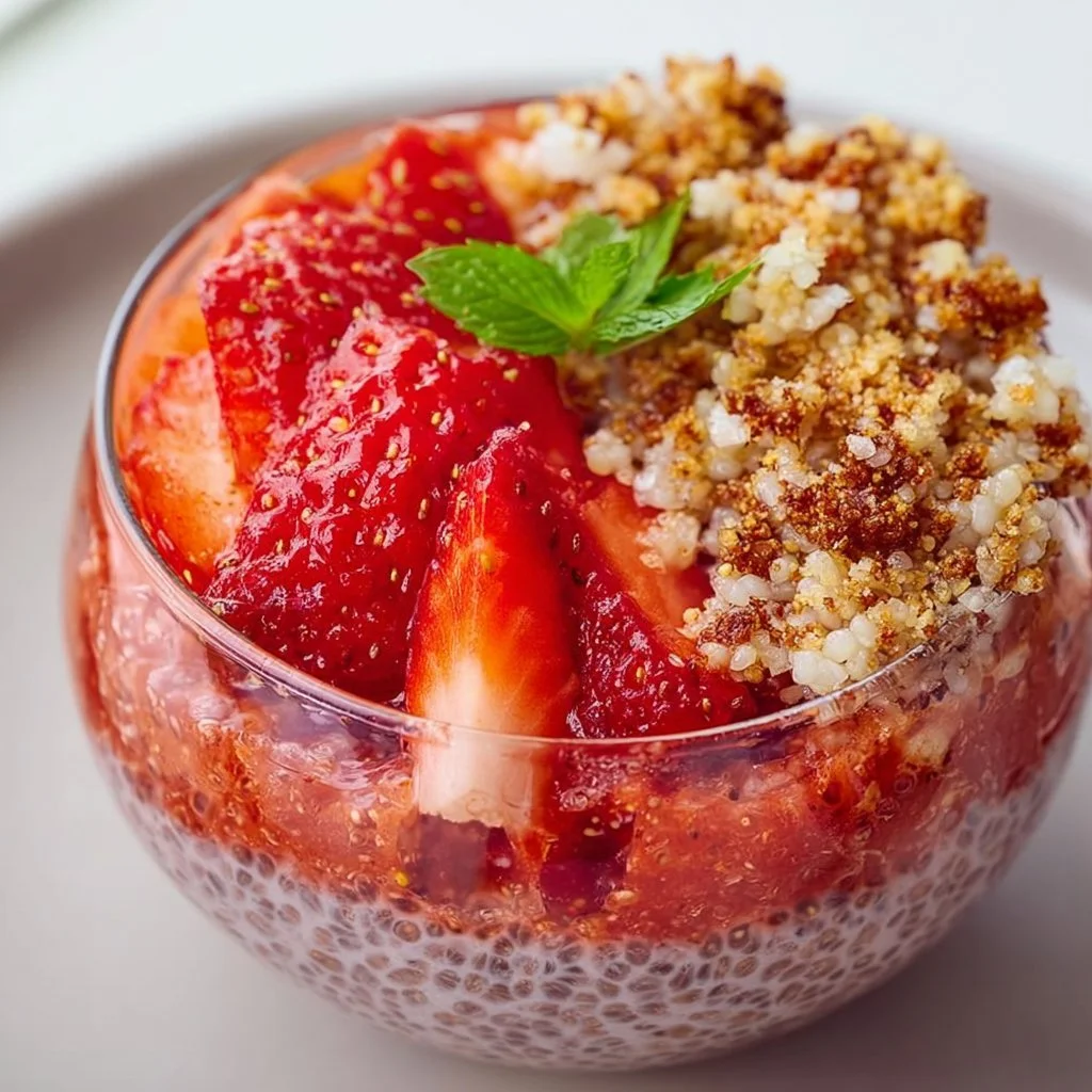 Strawberry crumble chia pudding served in a glass bowl, topped with fresh strawberries.