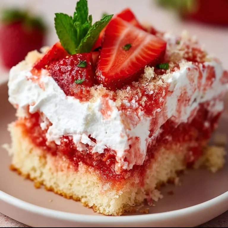 Delicious strawberry poke cake topped with fresh strawberries and whipped cream