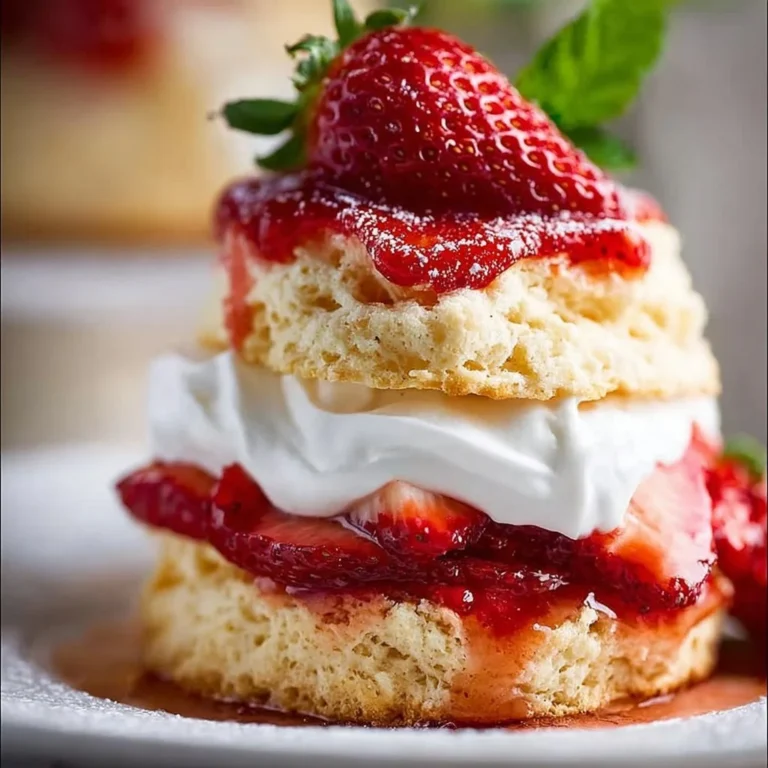 Delicious slice of homemade strawberry shortcake topped with fresh strawberries and whipped cream