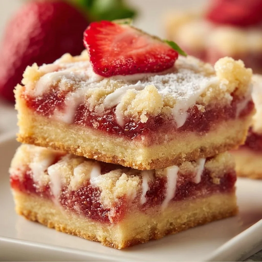 Delicious Strawberry Shortcake Bars with fresh strawberries and cream.