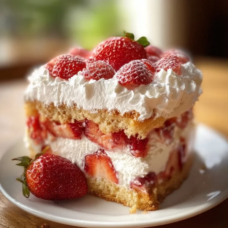 Delicious Strawberry Shortcake Birthday Cake with fresh strawberries and whipped cream
