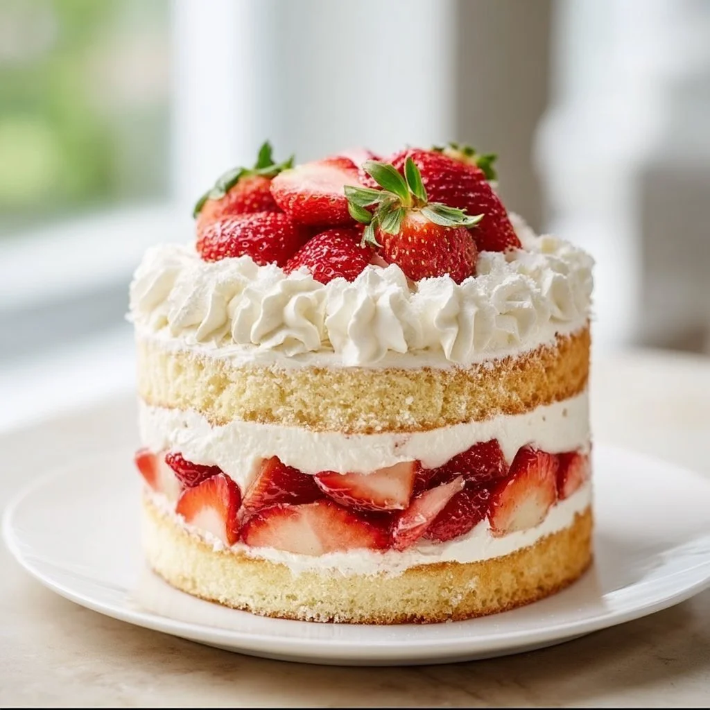 Delicious Strawberry Shortcake Cake with fresh strawberries and whipped cream layers